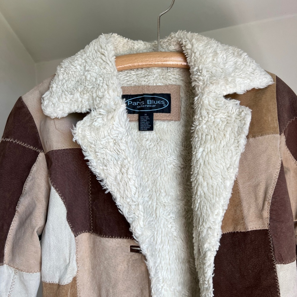 Vintage 90s Patchwork Suede Leather Jacket Trench Coat Brown Boho Penny Lane - Picture 5 of 9